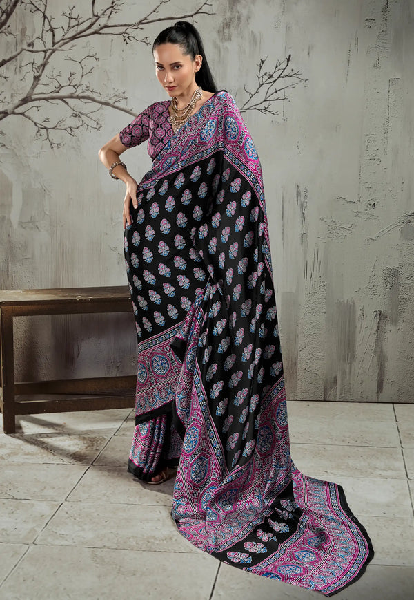 Black Ajrakh Print Modal Silk Saree With Blouse Piece - Adi Akshoy & Co.