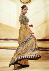 Mustard Yellow Ajrakh Print Modal Silk Saree With Blouse Piece - Adi Akshoy & Co.