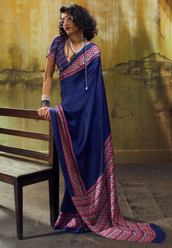 Navy Blue Ajrakh Print Modal Silk Saree With Blouse Piece - Adi Akshoy & Co.