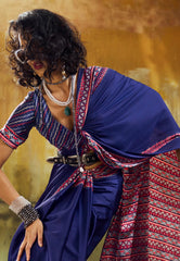 Navy Blue Ajrakh Print Modal Silk Saree With Blouse Piece - Adi Akshoy & Co.