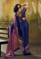 Navy Blue Ajrakh Print Modal Silk Saree With Blouse Piece - Adi Akshoy & Co.