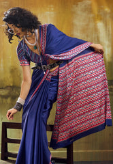 Navy Blue Ajrakh Print Modal Silk Saree With Blouse Piece - Adi Akshoy & Co.