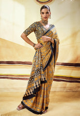 Mustard Yellow Ajrakh Print Modal Silk Saree With Blouse Piece - Adi Akshoy & Co.