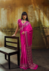 Rani Pink Ajrakh Print Modal Silk Saree With Blouse Piece - Adi Akshoy & Co.