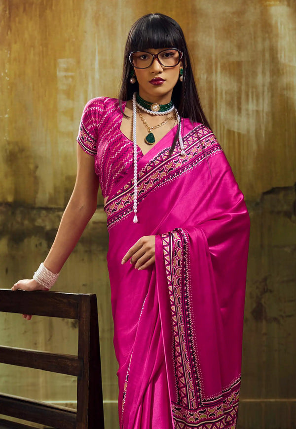 Rani Pink Ajrakh Print Modal Silk Saree With Blouse Piece - Adi Akshoy & Co.