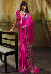 Rani Pink Ajrakh Print Modal Silk Saree With Blouse Piece - Adi Akshoy & Co.