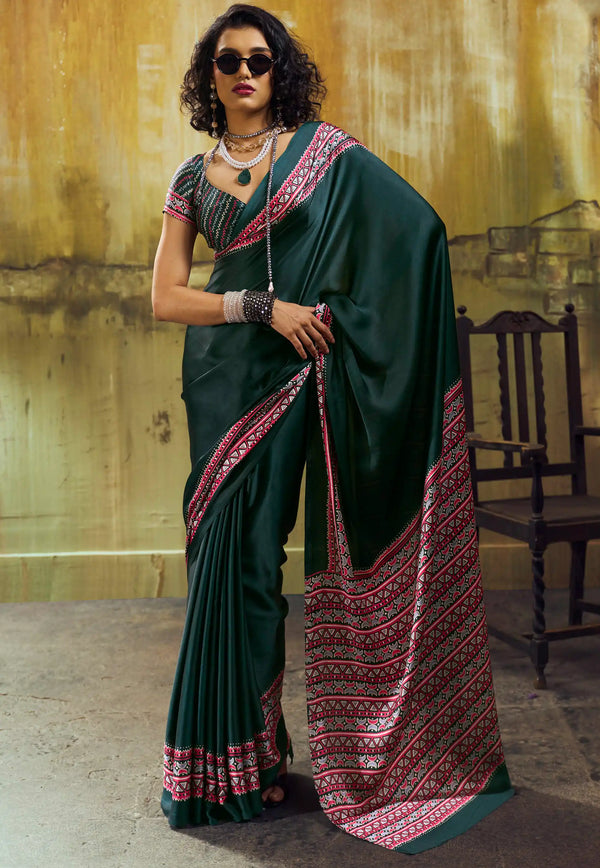 Bottle Green Ajrakh Print Modal Silk Saree With Blouse Piece - Adi Akshoy & Co.