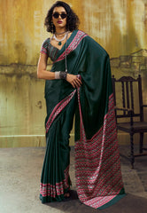 Bottle Green Ajrakh Print Modal Silk Saree With Blouse Piece - Adi Akshoy & Co.
