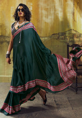 Bottle Green Ajrakh Print Modal Silk Saree With Blouse Piece - Adi Akshoy & Co.