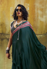 Bottle Green Ajrakh Print Modal Silk Saree With Blouse Piece - Adi Akshoy & Co.