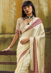 Cream Colour Ajrakh Print Modal Silk Saree With Blouse Piece - Adi Akshoy & Co.