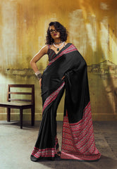 Black Ajrakh Print Modal Silk Saree With Blouse Piece - Adi Akshoy & Co.