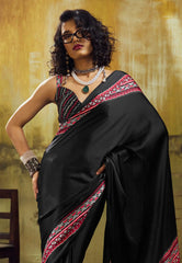 Black Ajrakh Print Modal Silk Saree With Blouse Piece - Adi Akshoy & Co.