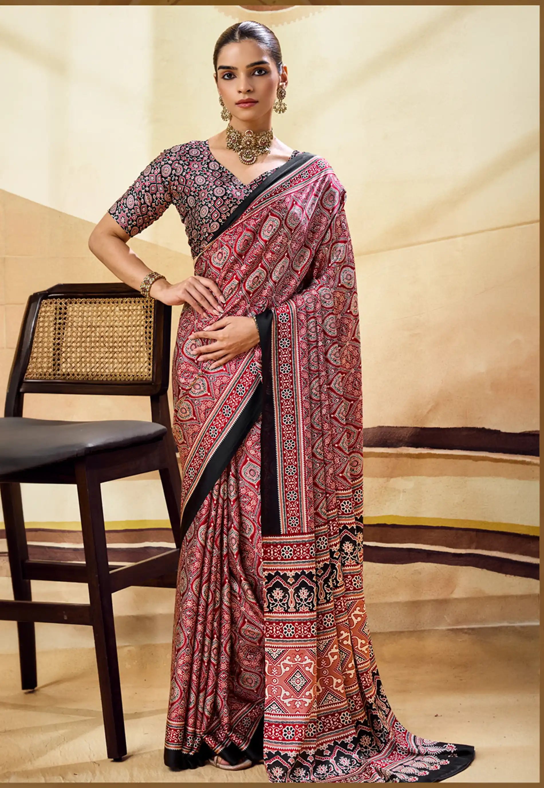 Red Ajrakh Print Modal Silk Saree With Blouse Piece - Adi Akshoy & Co.