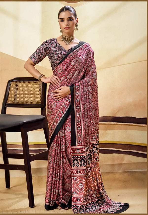 Red Ajrakh Print Modal Silk Saree With Blouse Piece - Adi Akshoy & Co.
