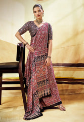 Red Ajrakh Print Modal Silk Saree With Blouse Piece - Adi Akshoy & Co.