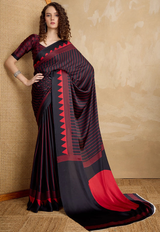 Black Ajrakh Print in Modal Silk Saree With Blouse Piece