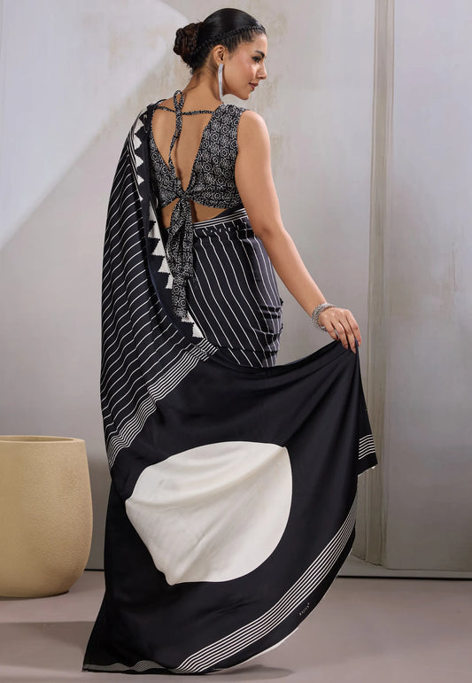 Black Ajrakh Print in Modal Silk Saree With Blouse Piece