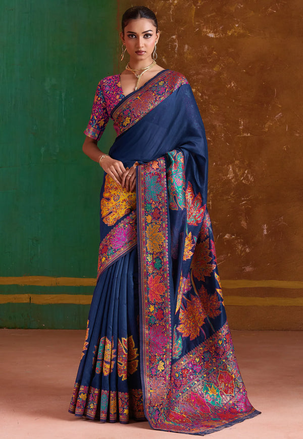 Navy Blue Kani Silk Saree with Blouse Piece - Adi Akshoy & Co.
