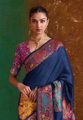 Navy Blue Kani Silk Saree with Blouse Piece - Adi Akshoy & Co.