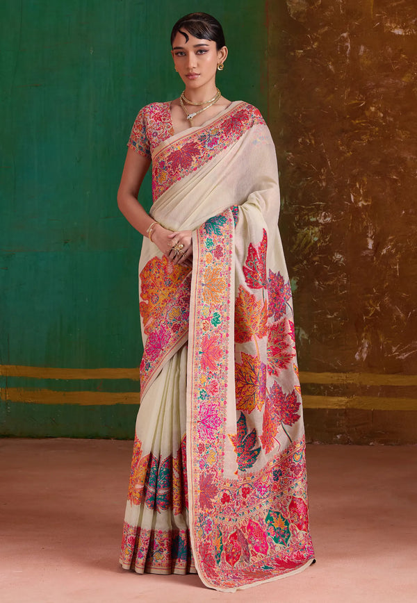 White Kani Silk Saree with Blouse Piece - Adi Akshoy & Co.