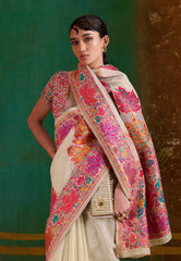 White Kani Silk Saree with Blouse Piece - Adi Akshoy & Co.