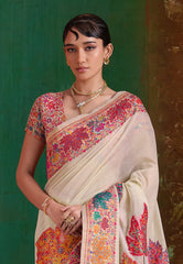 White Kani Silk Saree with Blouse Piece - Adi Akshoy & Co.
