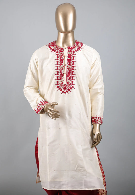 White Punjabi with Red Embroidery Work - Adi Akshoy & Co.