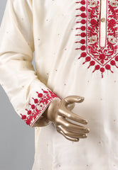 White Punjabi with Red Embroidery Work - Adi Akshoy & Co.