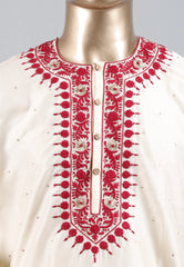 White Punjabi with Red Embroidery Work - Adi Akshoy & Co.