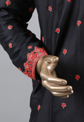 Black Punjabi with Red Embroidery & Zari Work - Adi Akshoy & Co.