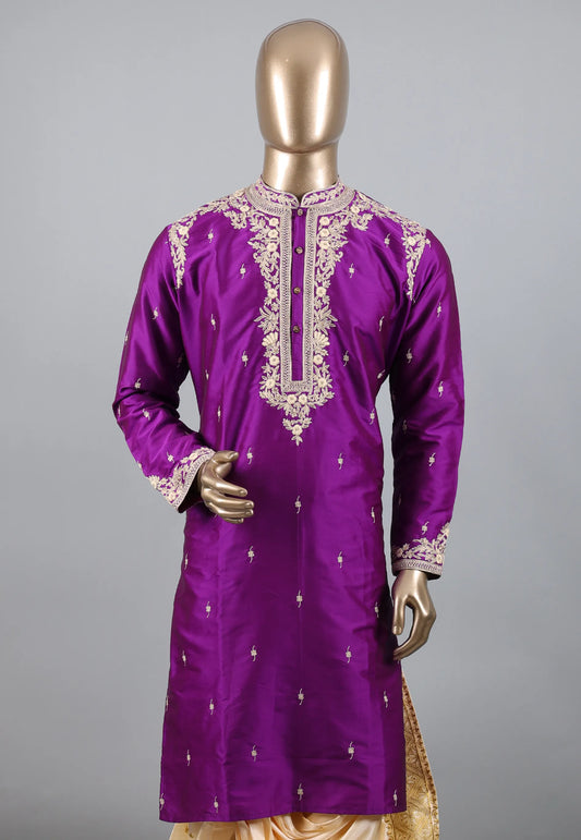 Purple Punjabi with Embroidery Golden Zari Work - Adi Akshoy & Co.