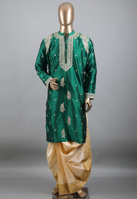 Bottle Green Punjabi with Embroidery Zari Work - Adi Akshoy & Co.