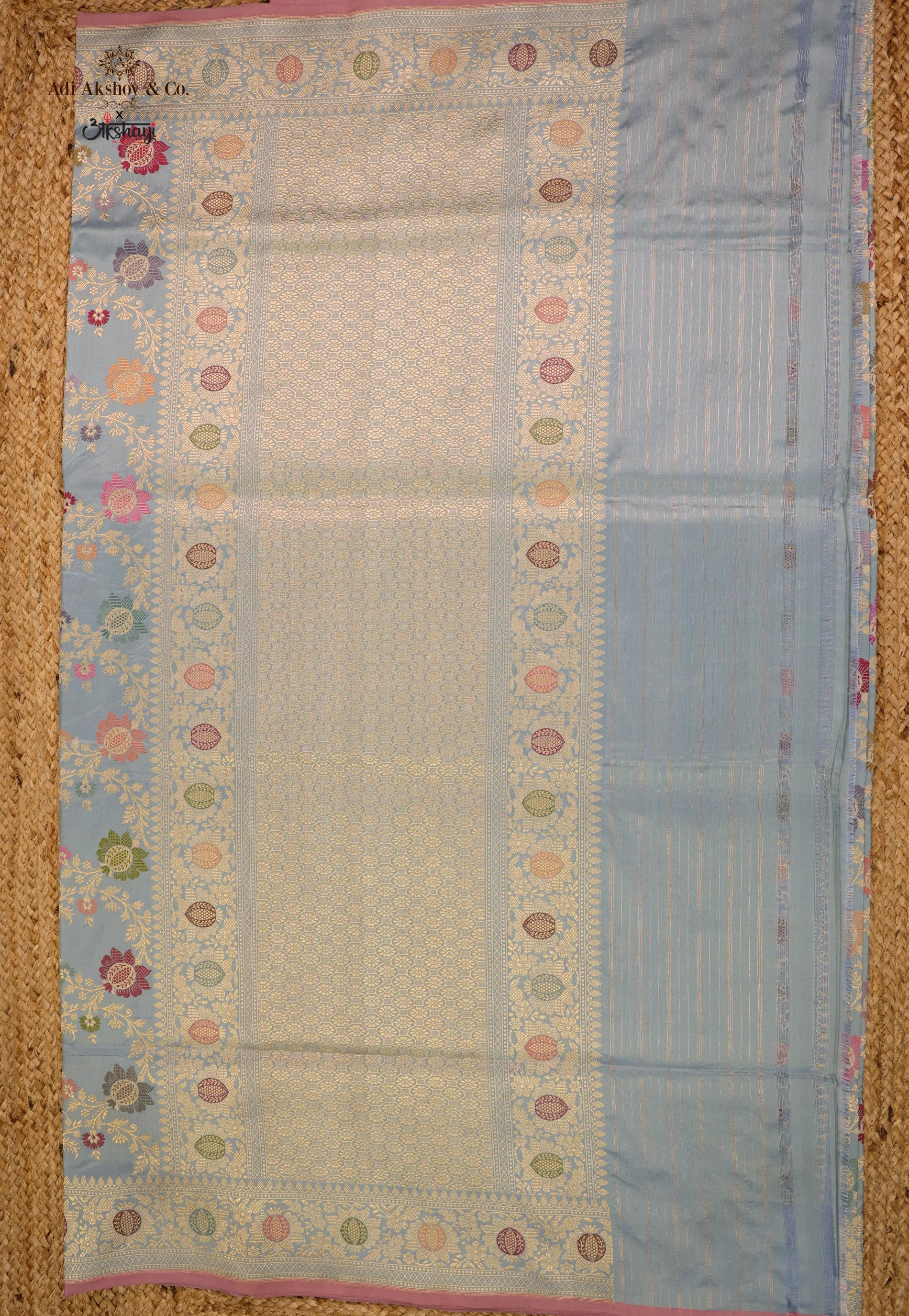 Sky Blue Pure Exclusive Kadwa Katan Silk Saree with Blouse Piece - Adi Akshoy & Co.