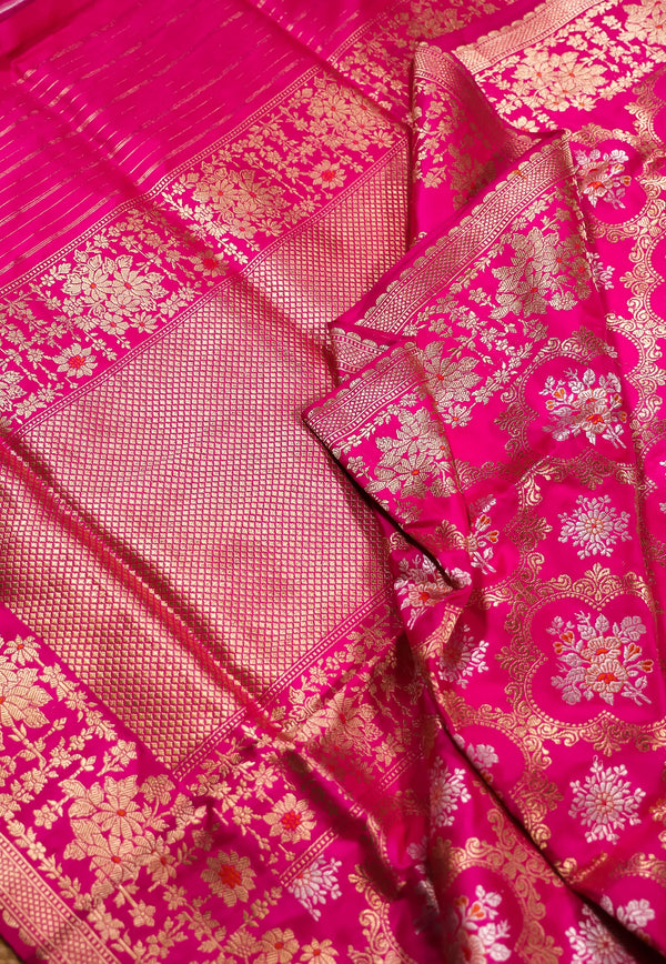 Rani Pink Pure Exclusive Kadwa Katan Silk Saree with Blouse Piece - Adi Akshoy & Co.