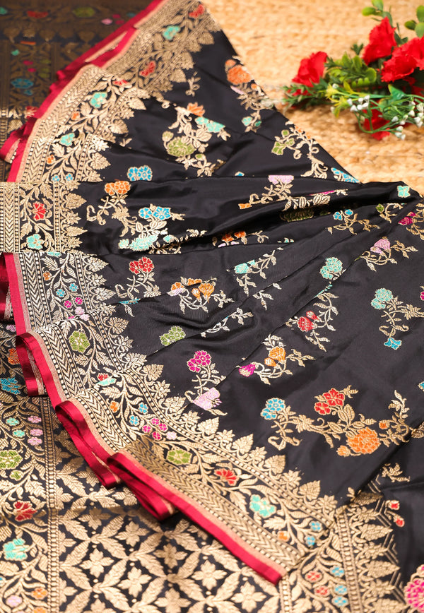 Black Pure Exclusive Kadwa Katan Silk Saree with Blouse Piece - Adi Akshoy & Co.