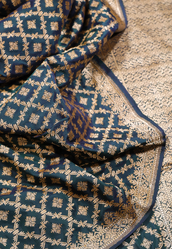Peacock Blue Pure Exclusive Kadwa Katan Silk Saree with Blouse Piece - Adi Akshoy & Co.