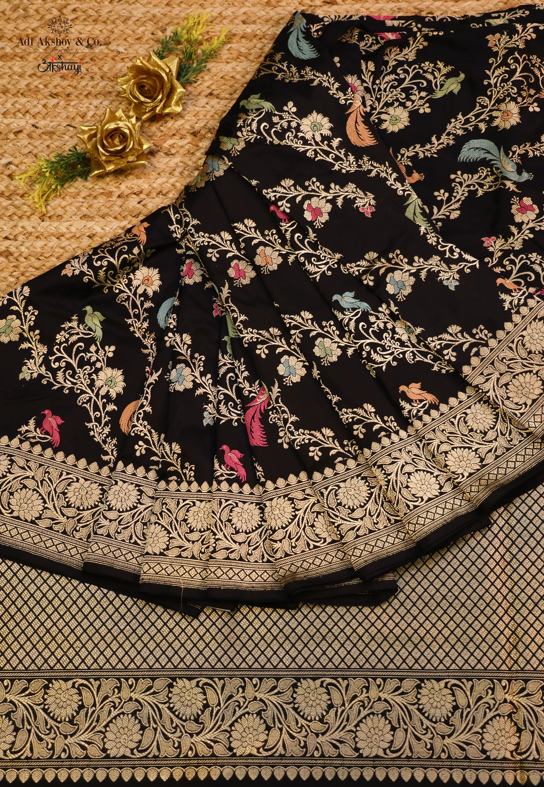 Black Pure Exclusive Kadwa Katan Silk Saree with Blouse Piece - Adi Akshoy & Co.