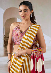 Mustard Yellow & White Stripe Ajrakh Print in Modal Silk Saree With Blouse Piece - Adi Akshoy & Co.