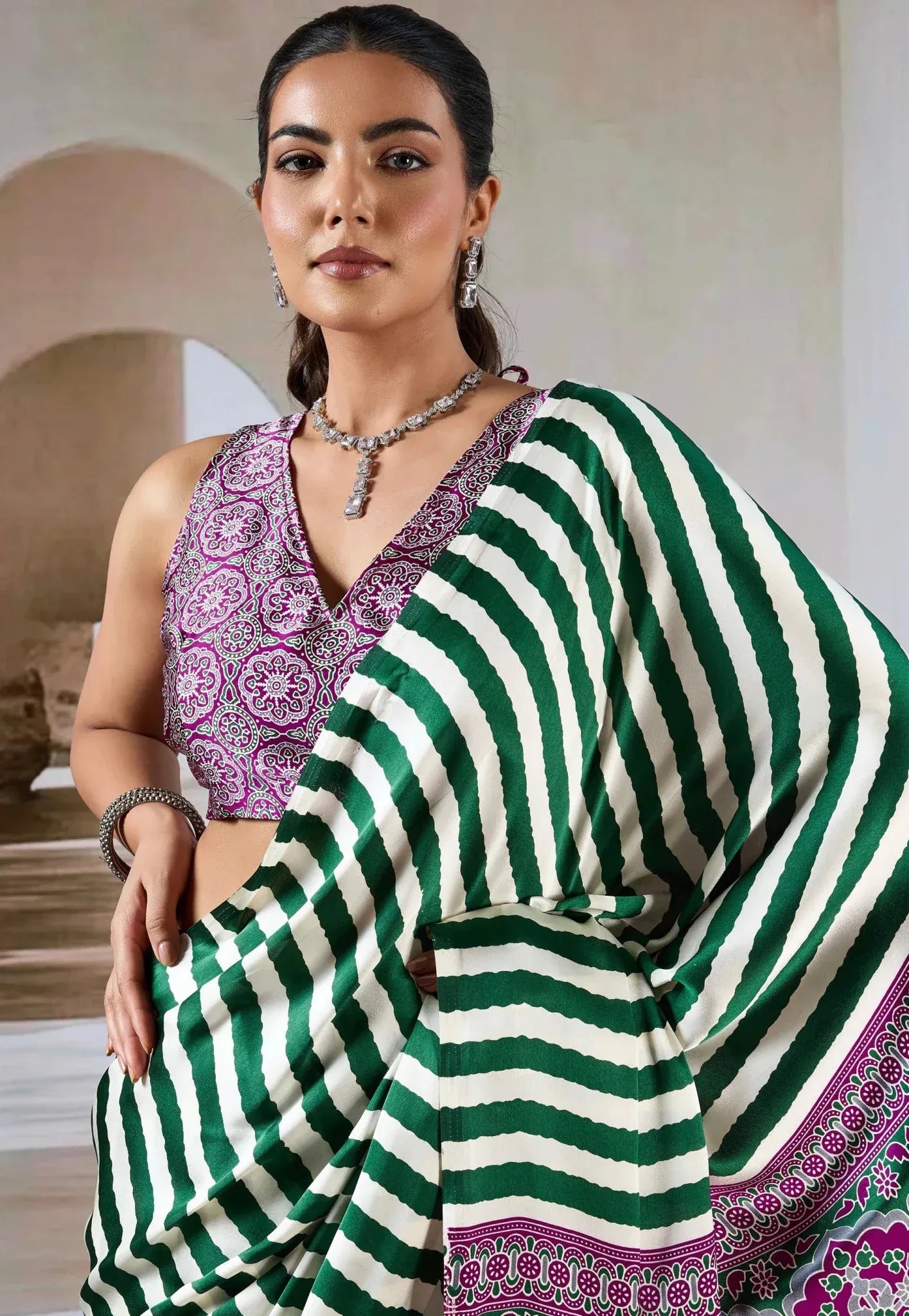 Bottle Green & White Stripe Ajrakh Print in Modal Silk Saree With Blouse Piece - Adi Akshoy & Co.