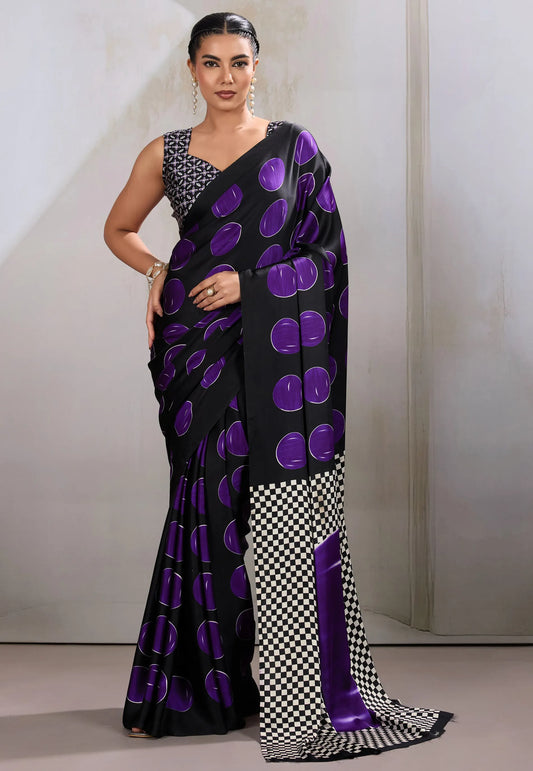 Black & Purple Polka Dot Ajrakh Print Modal Silk Saree With Blouse Piece - Adi Akshoy & Co.