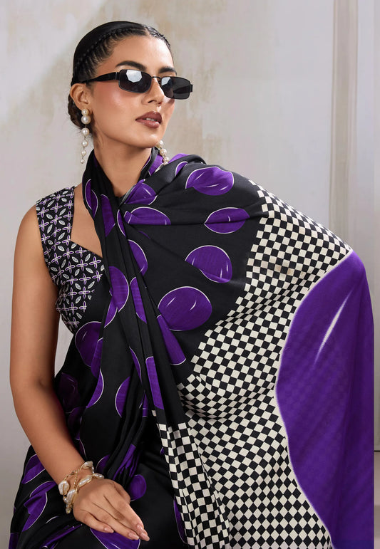 Black & Purple Polka Dot Ajrakh Print Modal Silk Saree With Blouse Piece - Adi Akshoy & Co.