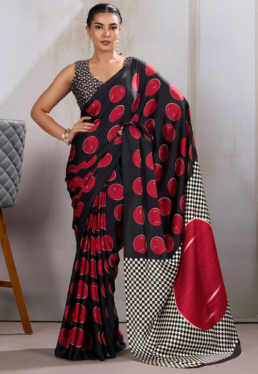 Black & Rani Pink Polka Dot Ajrakh Print Modal Silk Saree With Blouse Piece - Adi Akshoy & Co.
