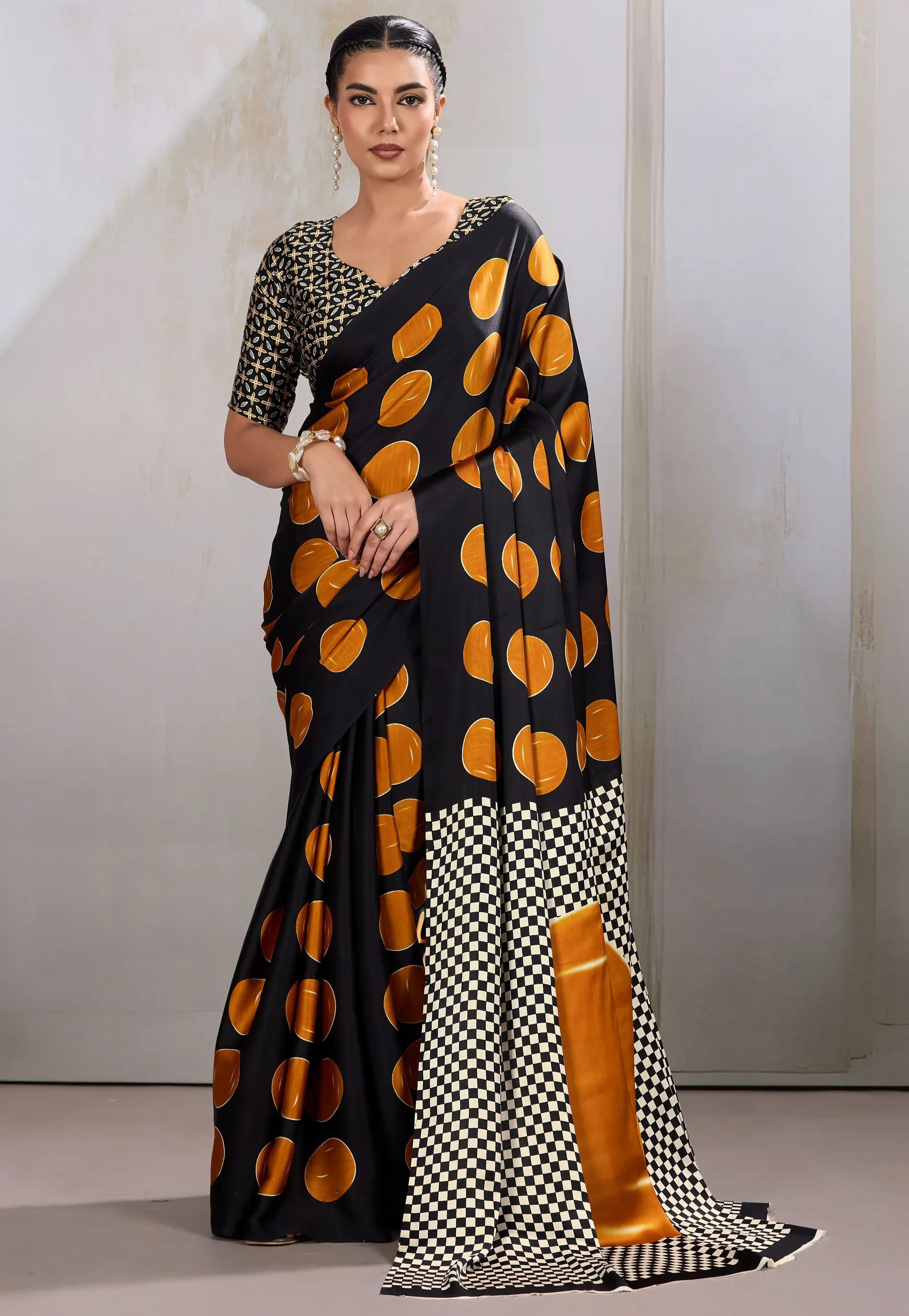 Black & Musturd Yellow Polka Dot Ajrakh Print Modal Silk Saree With Blouse Piece - Adi Akshoy & Co.