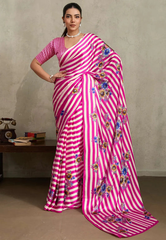 Floral Striped Rani Modal Silk Saree With Blouse Piece - Adi Akshoy & Co.