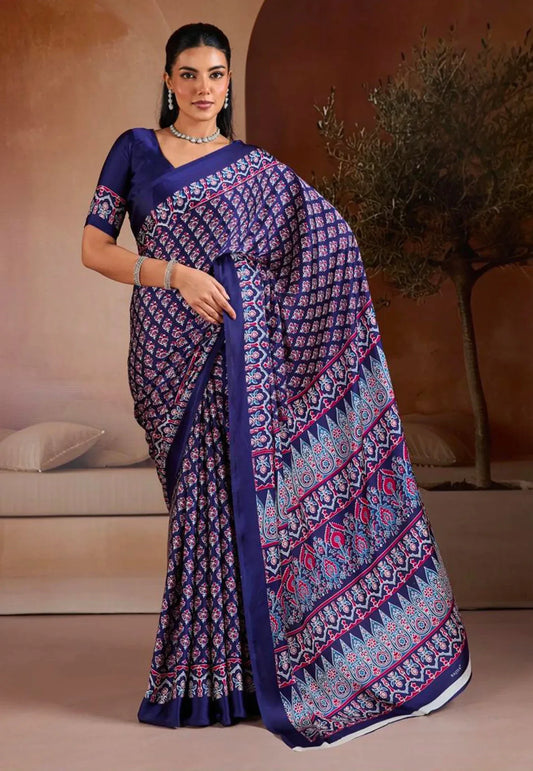 Blue Ajrakh Print in Modal Silk Saree With Blouse Piece - Adi Akshoy & Co.