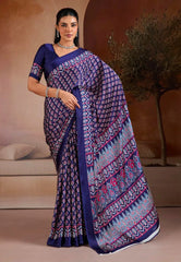 Blue Ajrakh Print in Modal Silk Saree With Blouse Piece - Adi Akshoy & Co.