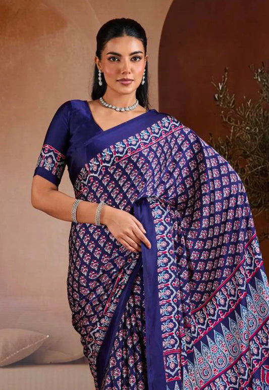 Blue Ajrakh Print in Modal Silk Saree With Blouse Piece - Adi Akshoy & Co.
