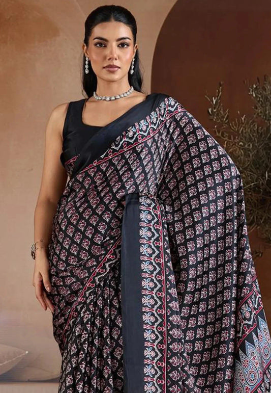 Black Ajrakh Print in Modal Silk Saree With Blouse Piece - Adi Akshoy & Co.