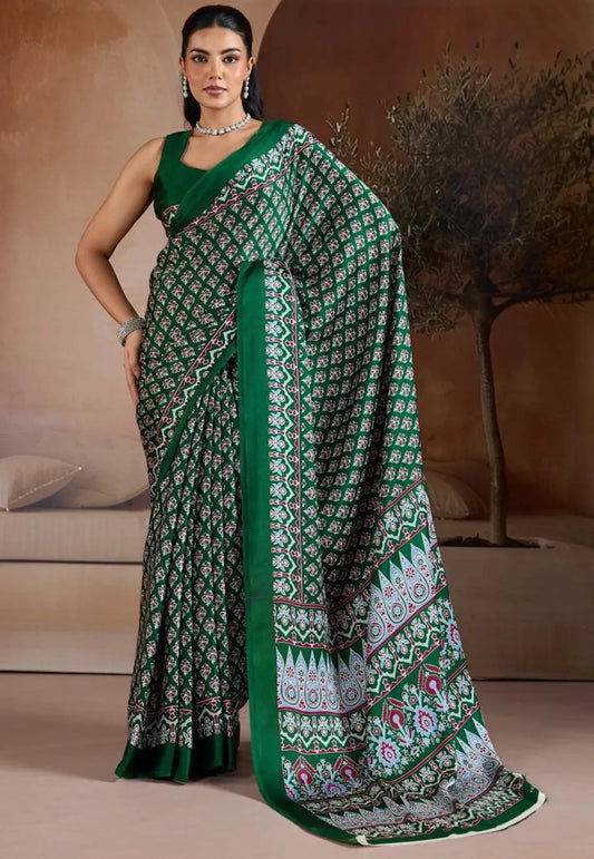 Bottle Green Ajrakh Print in Modal Silk Saree With Blouse Piece - Adi Akshoy & Co.